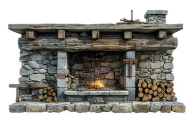 Rustic stone fireplace with wood storage, cut out - stock png.