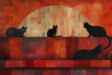 Black cats sitting on a couch. Red tones. Retro abstract illustration