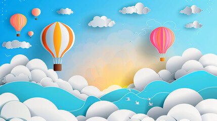 Cloudy sky background with colorful balloons flying in paper cut style