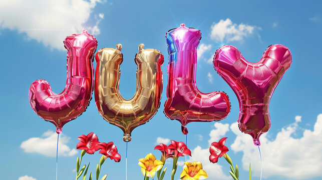 july  pink and gold foil balloons against blue summer sky