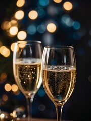 Festive Champagne Flutes, Blurred Background of New Year's Eve Party