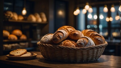 A basket with different types of fresh bread is in the restaurant.