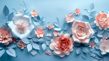 An abstract paper craft background with delicate paper flowers and leaves, arranged in an elegant and intricate design