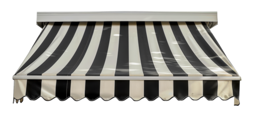 Black and white striped awning for building facade, cut out - stock png.