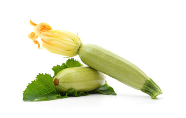 Two courgettes with leaves and flower.