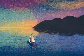 Sailing boat heads for the horizon.