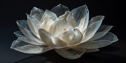 Lotus flower made of white tulle. Black background, delicate petals, ethereal floral design.