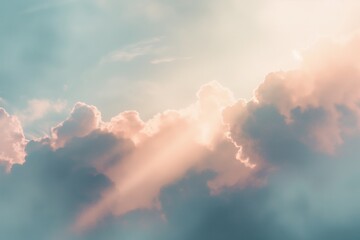 Tranquil and serene sunset with heavenly sunbeams peeking through fluffy clouds creating a majestic and ethereal cloudscape in pastel colors, creating a peaceful and atmospheric phenomenon