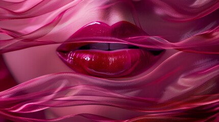 Intricate double exposure of lip gloss and flowing silk.