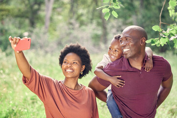 Selfie, black family and smile in nature with child, picture and memory for social media, travel...
