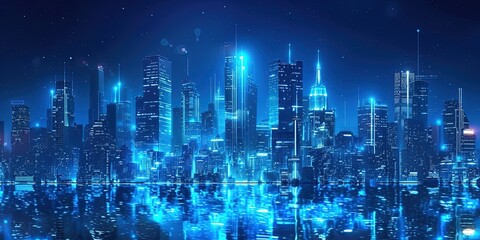 Blue neon light background of a city