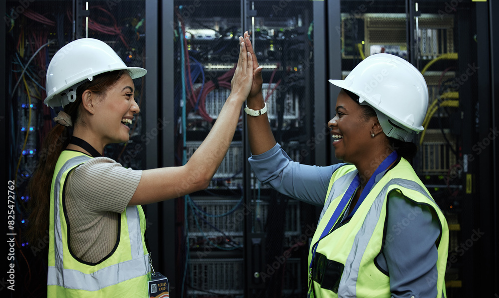 Poster Women, high five and success for job in engineering with software, technology and teamwork. Computer, data and electrical board with programmer for support, connection or collaboration in server room