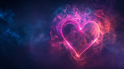 A glowing abstract neon heart with electric pink and purple colors on a dark background, symbolizing love and energy