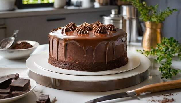 chocolate cake with chocolate frosting on top, kitchen counter scene for bakery and dessert