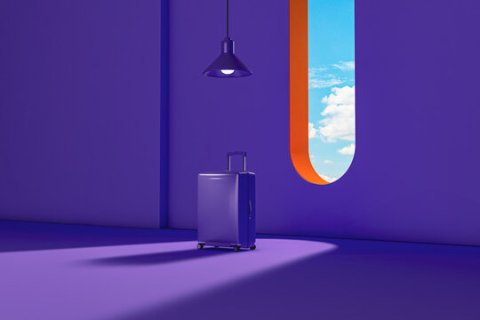 Purple suitcase in violet room ready for travel