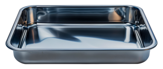 Shiny stainless steel rectangular baking tray, cut out - stock png.