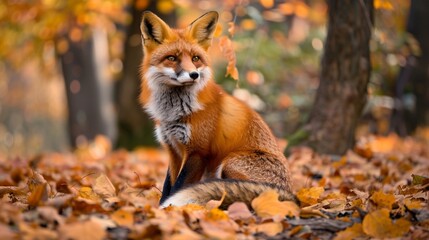 Fototapeta premium A Vivid Orange Fox Sitting Amidst Autumn Leaves in a Deep Forest