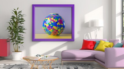 Artistic Ceramic Vase on a Purple Canvas Frame in a Minimalist Living Room