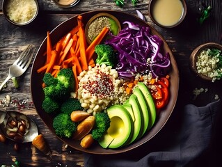 Colorful vegan Buddha bowl with fresh vegetables, quinoa, and avocado.