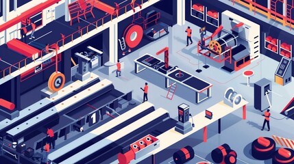 Bright and vivid sports equipment manufacturing illustration with bold red accents, great for sports industry insights.