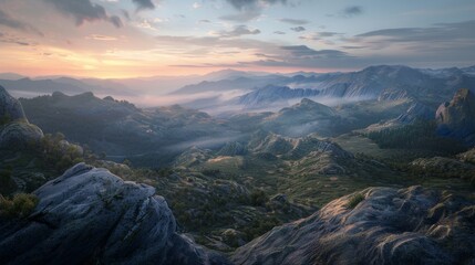 Sunset over mountain range with golden light beams - Powered by Adobe