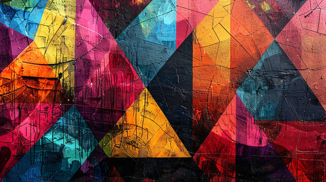 An urban background with abstract graffiti featuring geometric shapes and vibrant colors, highlighting the raw energy of street art