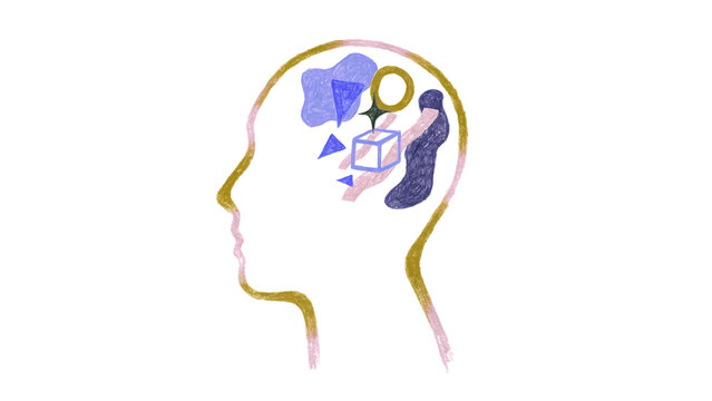 Head with thoughts as pattern purple gold on white