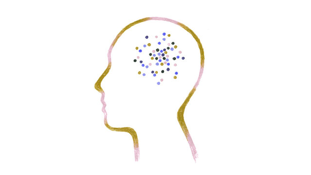 Head with thoughts as pattern gold purple on white