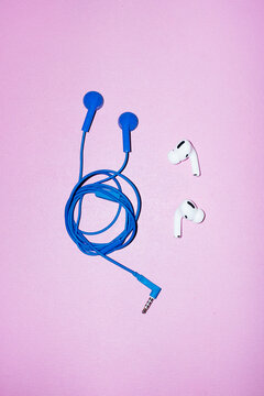  Blue wired headphones with hard direct flashlight