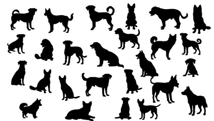 silhouette dog set black and white. Vector illustration pet collection cut out. Standing cartoon isolated white dog. Mammal element symbol profile