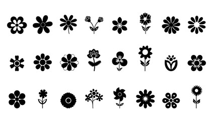 Set of simple flower icons in black and white. Vector illustration nature element plant shape. Floral leaf sign and garden collection blossom decorative style. Ornament sunflower