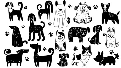 Vector black and white hand drawn childish set dogs illustration. Animal cartoon cute doodle pet art and funny drawing collection. Adorable mammal vet outline