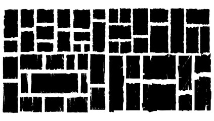 Set of grunge jagged rectangle shape black and white. Rough vector illustration edge template. Cardboard scrap collage frame and old page scratch sheet. Torn banner tag empty