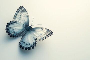 A vibrant blue butterfly perched on a clean white surface.