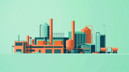 Obraz premium Flat solid color illustration with no gradient: tangerine orange recycling facility on mint green background--Waste Management and Recycling Innovations