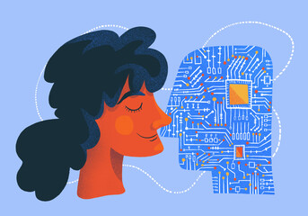 Woman's head and head silhouette with microcircuit patterns