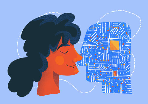 Woman's head and head silhouette with microcircuit patterns