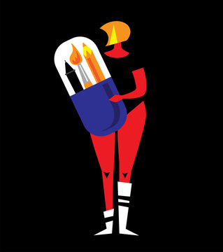 Woman with a capsule filled with drawing tools on black background
