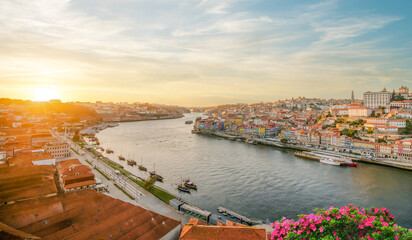 Porto, Portugal - Panoramic view of Oporto old town at sunset.