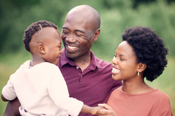 Black family, hug and love in nature for bonding, affection and support in outdoor garden to...