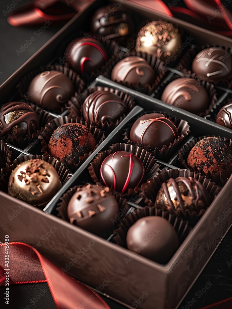 Poster elegant box of chocolate truffles adorned with a striking red ribbon, showcasing a luxurious present