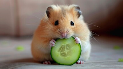 Cute hamster eating cucumber