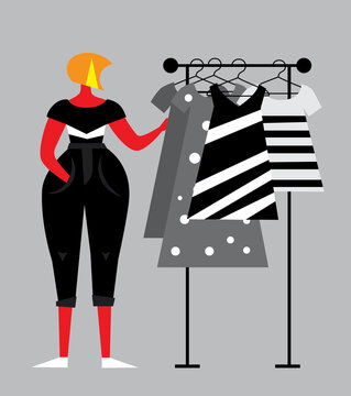 Fashionable Woman with Clothing Rack in flat style