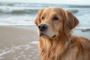 Beautiful golden retriever looks contemplatively towards the horizon on a sandy beach as gentle waves and the soft glow of sunset light up its expressive face and shiny coat