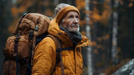 Obraz premium A Man with a Backpack Stands in a Forest, Looking Up at Something in the Distance