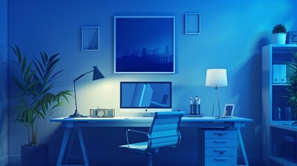 Serene Workspace Atmosphere - Lifelike 2D Illustration with Copy Space for Text. Calm Office Setting with Minimalist Decor. Cool Blue Hues.