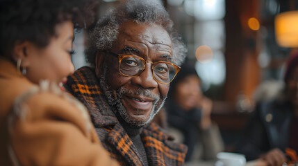 Obraz premium A Close-Up of a Man Smiling and Looking at Someone Off-Camera in a Warm and Cozy Setting
