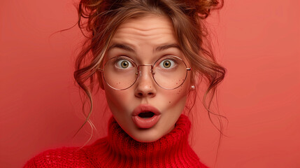 A woman with red hair and glasses is smiling and making a funny face. She is wearing a red sweater and has a pink lip gloss on - Powered by Adobe