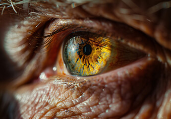 Naklejka premium Close-up Macro Photography of Elderly Man's Eye with Detailed Wrinkles and Vividly Colored Iris Pattern, Highlighting Human Aging and Intricate Eye Texture 