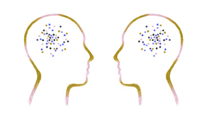 Heads with thoughts as pattern gold purple on white